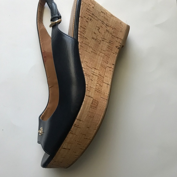 Coach Leather Slingback Wedge Sandal. Navy Blue. Size 9.5B. - Picture 3 of 9
